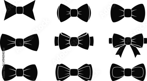 Set of black bow tie icons and silhouettes in various styles including classic butterfly pointed ribbon and formal tuxedo necktie elements