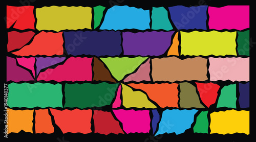 Abstract colorful mosaic wall art with vibrant geometric patterns and irregular crack designs, offering a unique and modern artistic interpretation of traditional brickwork 