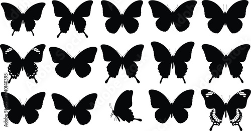 Set of butterfly silhouette icons in various shapes and wing patterns including swallowtail and side profile views for nature design projects