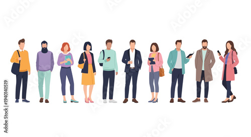 Minimalist flat vector illustration of a diverse group of people standing in a row.