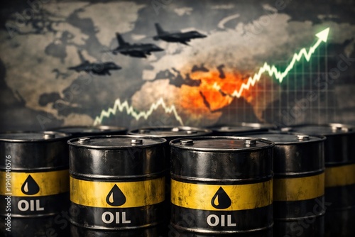 Wallpaper Mural Oil barrels with graph and planes on world map background symbolizing global energy market trends and conflicts Torontodigital.ca
