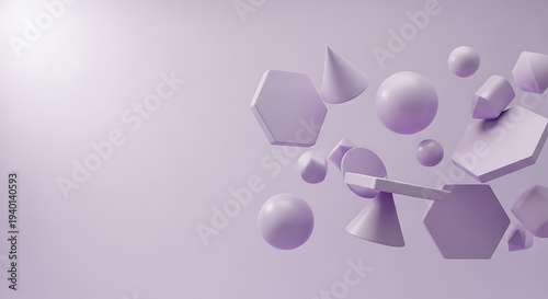 Floating geometric shapes against a soft pastel background.