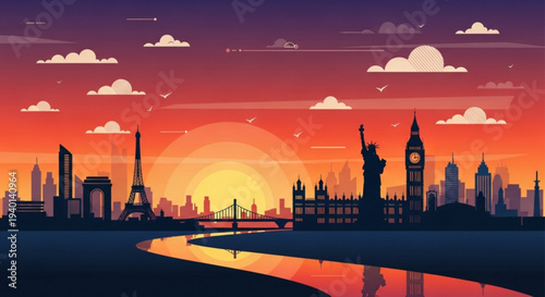 City skyline at sunset with famous landmarks and river urban landscape with iconic buildings