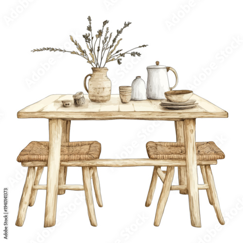 Watercolor Rustic Wooden Dining Table with Wicker Stools and Dried Flowers Clipart
