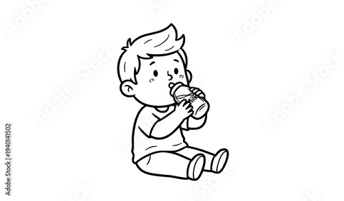 Hand drawn doodle child drinking milk from bottle cute kid nutrition line vector illustration isolated on white background
