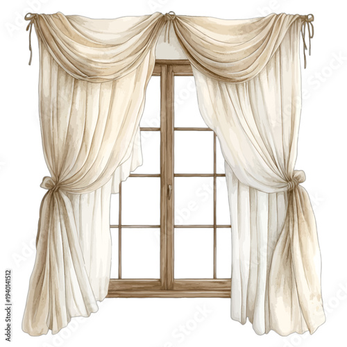 Watercolor Draped Window Tulle with Valance and Wooden Frame Clipart
