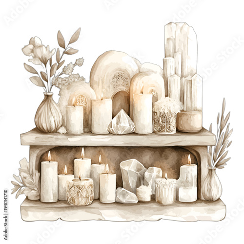 Mystical Bohemian Altar with Burning Candles, Healing Crystals, and Dried Flowers, Spiritual Watercolor Clipart, Isolated on White Background