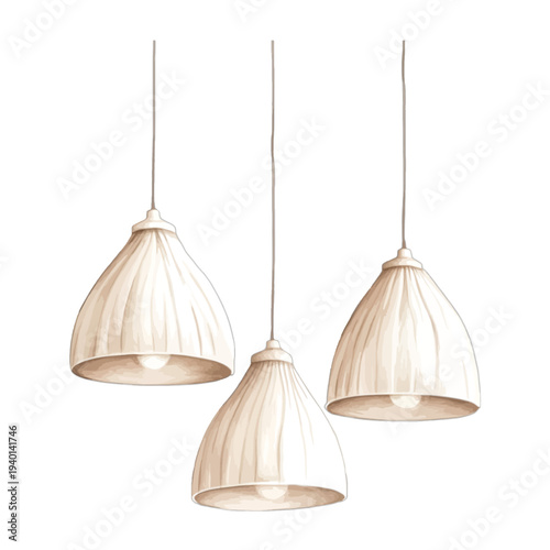 Three Modern Ribbed Ceramic Pendant Lights with Glowing Bulbs, Minimalist Cream Hanging Ceiling Lamps in Watercolor Style, Isolated on White Background