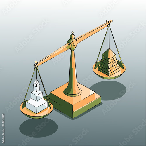 Vintage balance scale weighing a golden pyramid heavier than a white one.