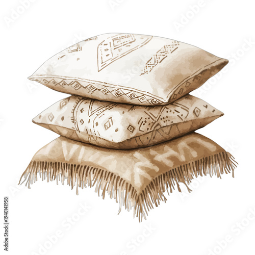 Stacked boho watercolor pillows with tribal patterns and fringe
