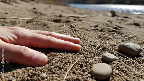 Hand on sandy beach with pebbles.
