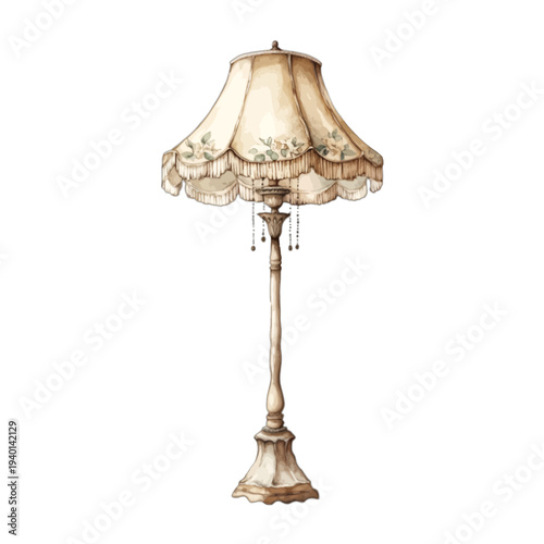 Elegant Vintage Floor Lamp with Ornate Floral Lampshade and Beaded Fringe, Antique Victorian Style Watercolor Clipart, Isolated on White Background