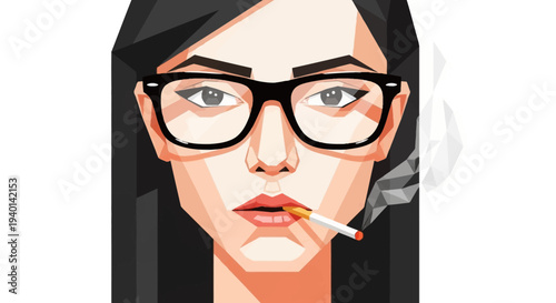 Woman smoking a cigarette with glasses and long black hair.