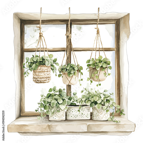 Cozy Window Scene with Hanging Macrame Planters and Potted Houseplants on the Sill, Rustic Watercolor Interior Clipart, Isolated on White Background
