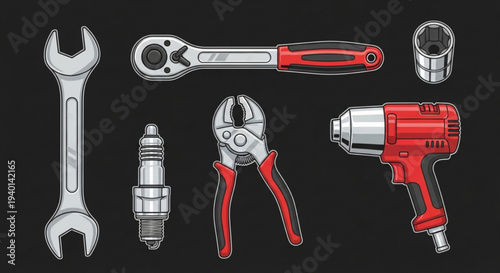 Collection of assorted hand tools and power tools on black background including wrench pliers drill socket wrench spark plug and socket