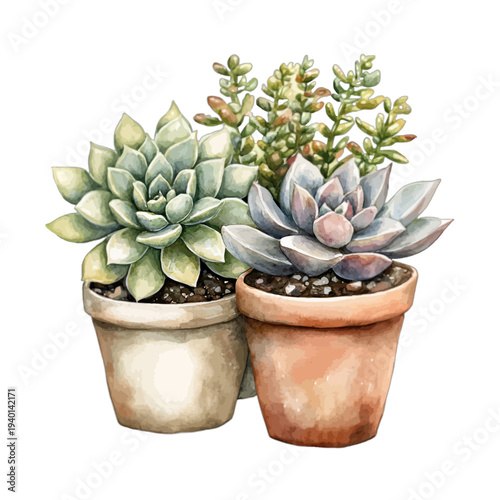 Pair of Potted Succulent Plants with Echeveria and Sedum Varieties, Hand-Painted Watercolor Houseplant Clipart, Isolated on White Background