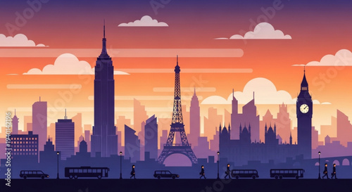 City skyline with famous landmarks at sunset urban landscape with skyscrapers and iconic towers