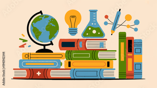 Colorful illustration of stacked books with globe beaker and lightbulb on top symbolizing education and learning