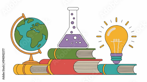 Education and learning concept with globe books beaker and light bulb on white background symbolizing knowledge and ideas