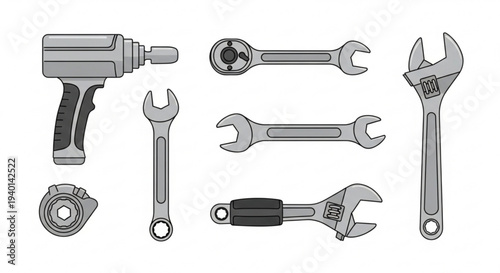 Variety of hand tools and equipment for repair and maintenance work on a white background