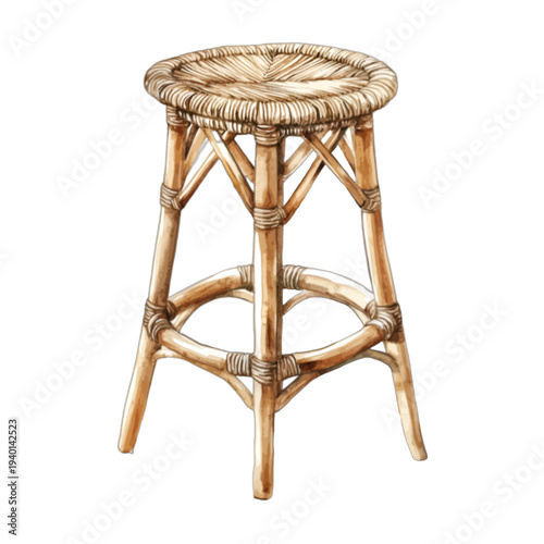Watercolor round rattan bar stool with natural woven wicker seat