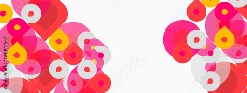 Abstract design features overlapping circles, pinks, yellows, reds. White space dominates center area. Modern, playful composition.