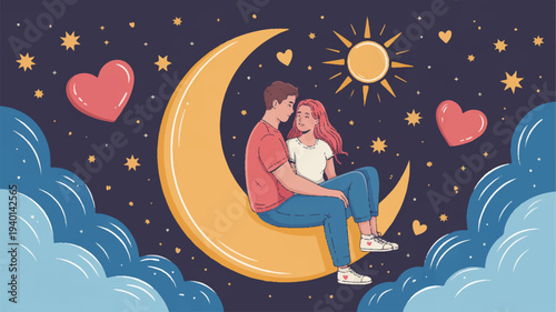 Loving couple sitting on a crescent moon under starry night sky with hearts and sun