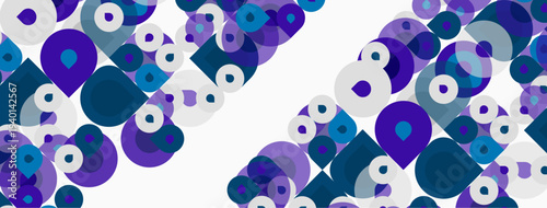 Abstract pattern features overlapping circles, varying sizes, purple, teal hues. White space creates diagonal division. Modern design element.