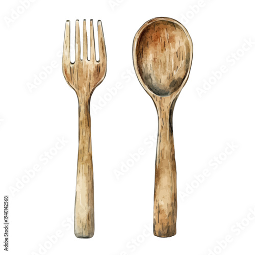 Watercolor rustic wooden fork and spoon set isolated on white
