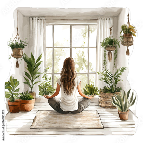 Watercolor illustration of a woman meditating in a bright room with plants by a window