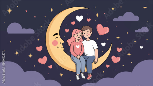 Loving couple sitting on smiling crescent moon surrounded by hearts and stars in night sky