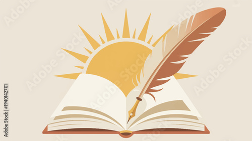 Open book with feather quill pen and sunrise symbolizing knowledge and inspiration in education