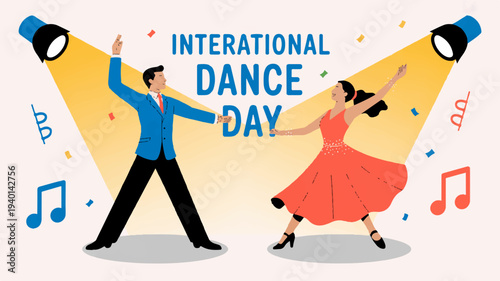 Man and woman dancing under spotlights on international dance day with music notes