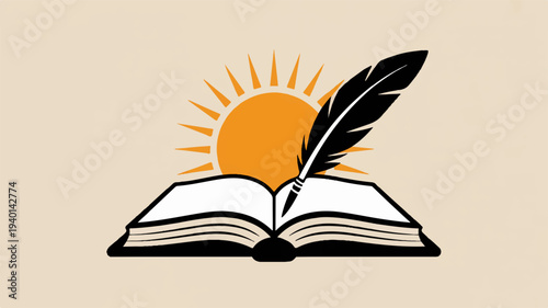 Open book with feather quill pen and sunrise background symbolizing knowledge and learning