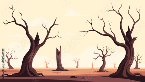 Desolate landscape features several dead and leafless trees under a hazy orange sky representing severe drought or deforestation.
