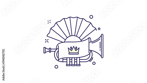 Ornate line drawing of a ceremonial trumpet with a crown icon and a decorative fan-like element represents a royal announcement.