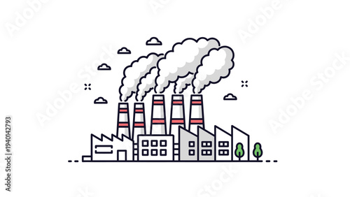 Outlined factory building with multiple chimneys emitting thick smoke clouds stands next to small trees representing pollution.