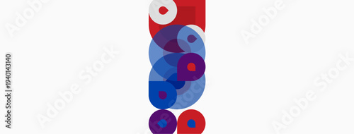 Abstract composition featuring stacked circles. Red, blue, purple hues dominate white background. Modern design, simple geometry.