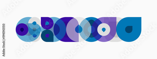 Abstract design featuring overlapping circles. Purple, blue hues dominate composition. Modern, geometric aesthetic present.