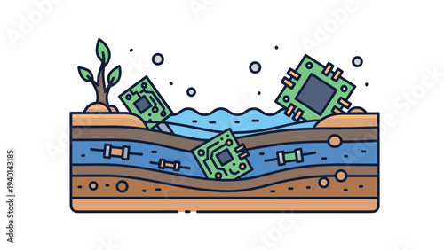 Section of soil layers containing buried electronic waste like circuit boards with a small green plant growing on the surface.