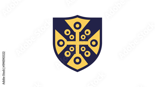 Heraldic shield design featuring a gold cross and circular elements on a navy blue background in a traditional emblem style.
