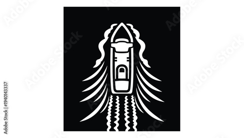 High angle view silhouette of a motorized boat traveling through water and leaving a long white wake behind its path of motion.