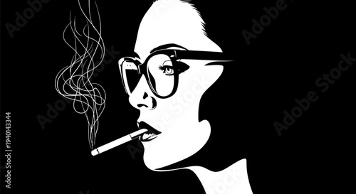 Monochrome illustration of a man smoking a cigarette with glasses.