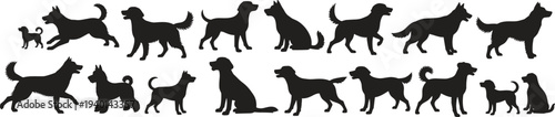 Dog silhouette collection, various canine breed poses set isolated on white background illustration for pet mascot logo design use