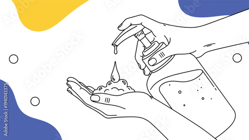 Outline drawing of hands using a soap pump bottle to dispense liquid for handwashing and hygiene against abstract color blobs.