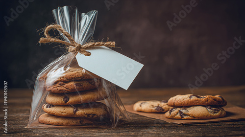 Stack of chocolate chip cookies in cellophane bag tied with twine on table. Homemade treats with blank gift tag. Delicious dessert food gift present for holiday celebration. Sweet pastry. Ready for