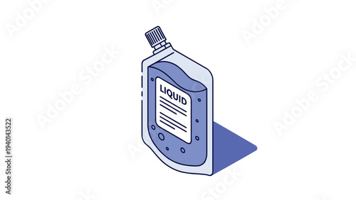 Isometric 3d view of a flexible plastic pouch containing blue liquid with a cap used for packaging soap or food products.