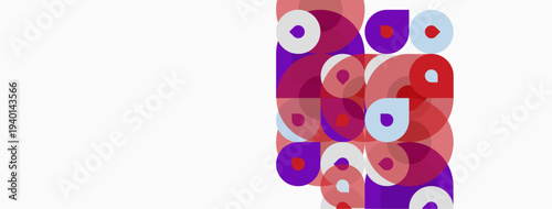 Abstract composition featuring overlapping circles, varying shades purple, pink, white. Minimalist design, clean aesthetic, modern artwork.