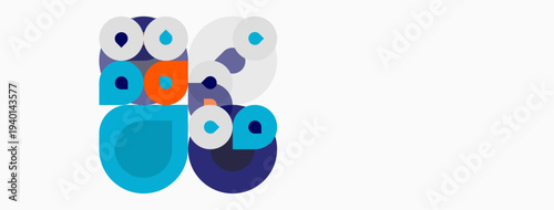 Abstract circles, squares, shapes overlap. Blue, orange hues dominate white background. Modern design, playful composition.