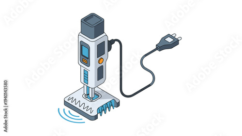 Isometric technical drawing of a handheld digital measuring device connected by a power cord and showing a waveform on its base.